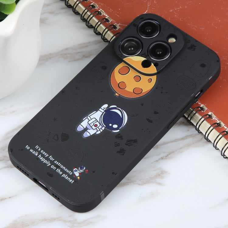 For iPhone 16 Astronaut Pattern Silicone Straight Edge Phone Case(Planet Landing-Black) - iPhone 16 Cases by buy2fix | Online Shopping UK | buy2fix