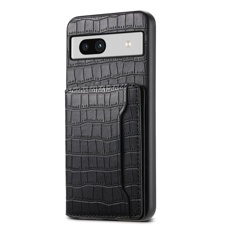 For Google Pixel 7a Crocodile Texture Card Bag Design Full Coverage Phone Case(Black) - Google Cases by buy2fix | Online Shopping UK | buy2fix