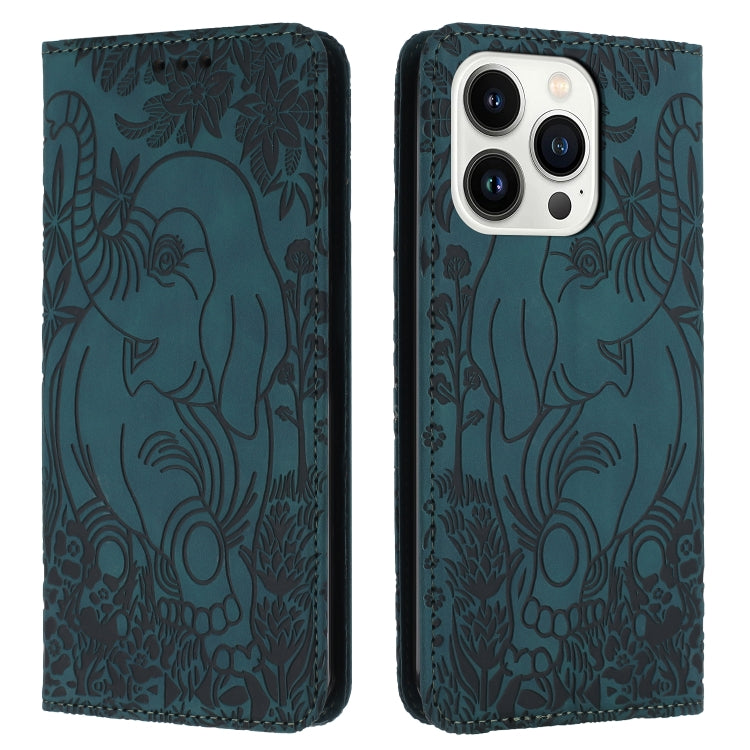 For iPhone 16 Pro Retro Elephant Embossed Leather Phone Case(Green) - iPhone 16 Pro Cases by buy2fix | Online Shopping UK | buy2fix