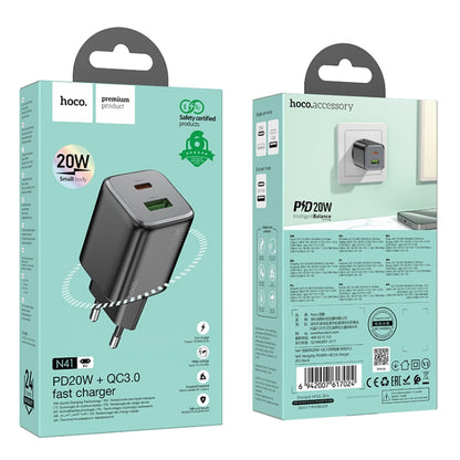 hoco N41 Almighty PD20W Type-C + QC3.0 USB Charger, EU Plug(Black) - USB Charger by hoco | Online Shopping UK | buy2fix