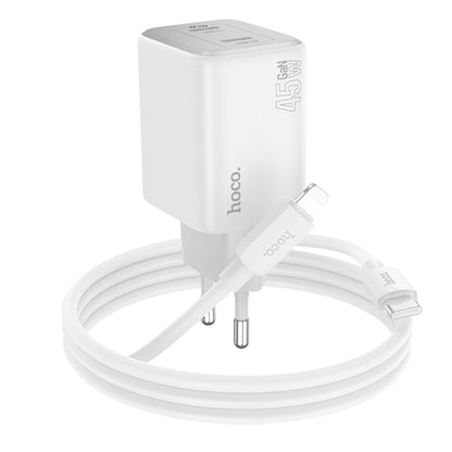 hoco N42 Elogiado PD45W Dual-port Type-C Charger with Type-C to 8 Pin Cable, EU Plug(White) - USB Charger by hoco | Online Shopping UK | buy2fix