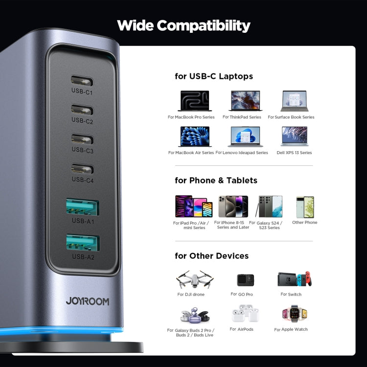 JOYROOM JR-TCM02 6 in 1 65W GaN 4 USB-C & 2 USB-A Multi-port Charger, Power Plug:UK Plug(Dark Gray) - Multifunction Charger by JOYROOM | Online Shopping UK | buy2fix