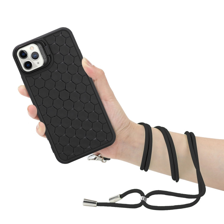 For iPhone 16 Pro Honeycomb Radiating Holder TPU Phone Case with Lanyard(Black) - iPhone 16 Pro Cases by buy2fix | Online Shopping UK | buy2fix