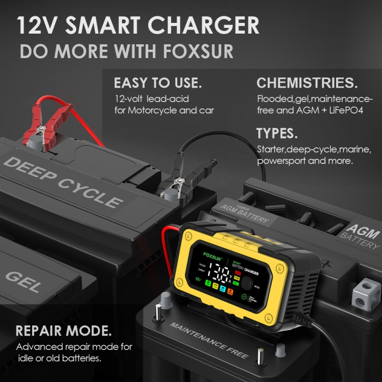 FOXSUR 7A 12V Car / Motorcycle Smart Battery Charger, Plug Type:UK Plug(Yellow) - Battery Charger by FOXSUR | Online Shopping UK | buy2fix