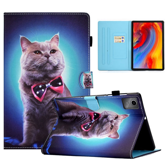 For Lenovo Tab M11 / Xiaoxin Pad 11 2024 Colored Drawing Sewing Pen Slot Leather Tablet Case(Bow Tie Cat) - Lenovo by buy2fix | Online Shopping UK | buy2fix