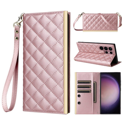 For Samsung Galaxy S22 Ultra 5G Crossbody Rhombic Sucker Leather Phone Case(Rose Gold) - Galaxy S22 Ultra 5G Cases by buy2fix | Online Shopping UK | buy2fix