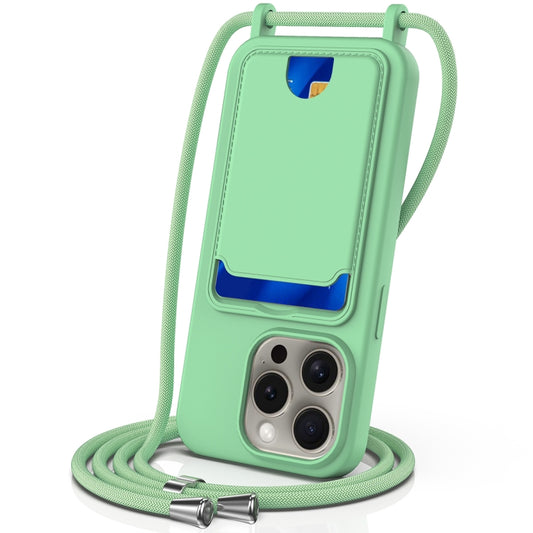 For iPhone 16 Pro Max Integrated Card Bag Solid Color Liquid Silicone Phone Case with Lanyard(Green) - iPhone 16 Pro Max Cases by buy2fix | Online Shopping UK | buy2fix