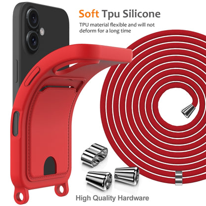 For iPhone 16 Plus Integrated Card Bag Solid Color Liquid Silicone Phone Case with Lanyard(Red) - iPhone 16 Plus Cases by buy2fix | Online Shopping UK | buy2fix