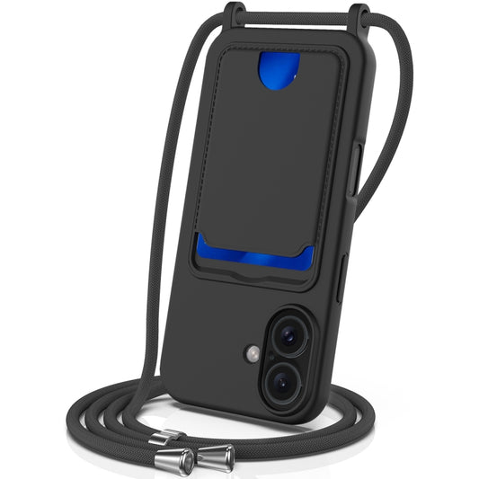 For iPhone 16 Plus Integrated Card Bag Solid Color Liquid Silicone Phone Case with Lanyard(Black) - iPhone 16 Plus Cases by buy2fix | Online Shopping UK | buy2fix