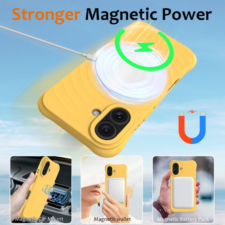 For iPhone 16 Plus Wave Texture MagSafe Magnetic Liquid Silicone Phone Case(Yellow) - iPhone 16 Plus Cases by buy2fix | Online Shopping UK | buy2fix