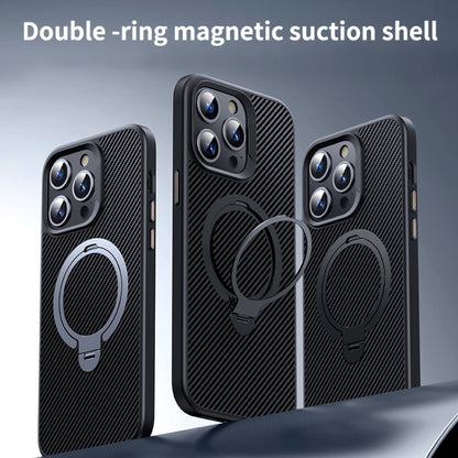 For iPhone 16 Double Ring MagSafe Holder Carbon Fiber Phone Case(Black) - iPhone 16 Cases by buy2fix | Online Shopping UK | buy2fix