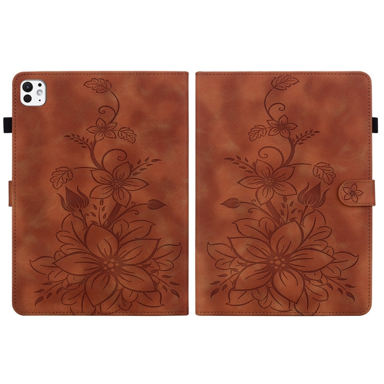 For iPad Pro 11 2024 Lily Embossed Leather Smart Tablet Case(Brown) - iPad Pro 11 2024 Cases by buy2fix | Online Shopping UK | buy2fix