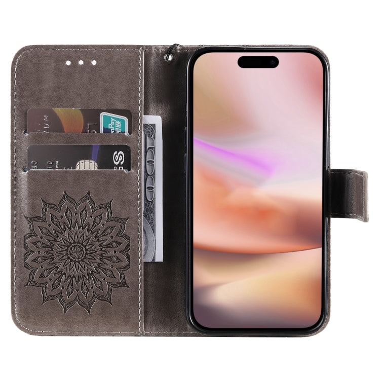 For iPhone 16 Plus Embossed Sunflower Pattern Flip Leather Phone Case(Grey) - iPhone 16 Plus Cases by buy2fix | Online Shopping UK | buy2fix