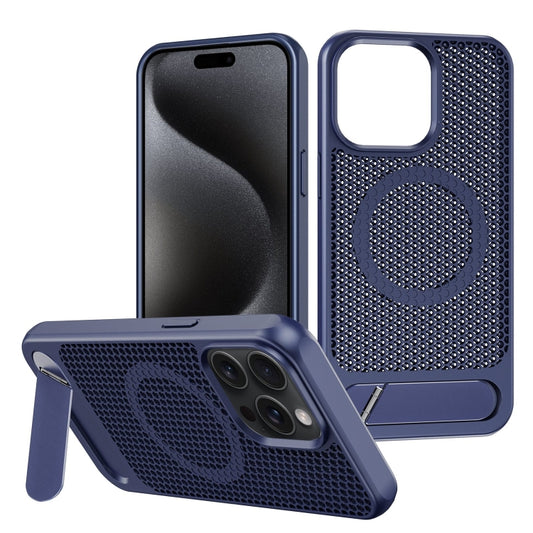 For iPhone 15 Pro Honeycomb Cooling MagSafe Phone Case with Invisible Holder(Blue) - iPhone 15 Pro Cases by buy2fix | Online Shopping UK | buy2fix