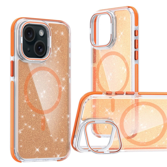 For iPhone 14 Plus Two-color Glitter Powder Lens Holder Magsafe Phone Case(Orange) - iPhone 14 Plus Cases by buy2fix | Online Shopping UK | buy2fix