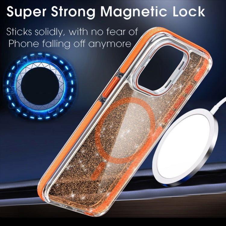For iPhone 14 Plus Two-color Glitter Powder Lens Holder Magsafe Phone Case(Orange) - iPhone 14 Plus Cases by buy2fix | Online Shopping UK | buy2fix