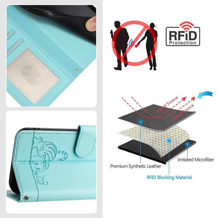 For OnePlus Nord CE4 5G Cat Rat Embossed Pattern RFID Leather Phone Case with Lanyard(Mint Green) - OnePlus Cases by buy2fix | Online Shopping UK | buy2fix