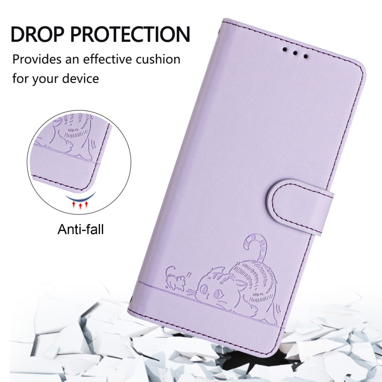 For OnePlus 12R 5G Global Cat Rat Embossed Pattern RFID Leather Phone Case with Lanyard(Purple) - OnePlus Cases by buy2fix | Online Shopping UK | buy2fix