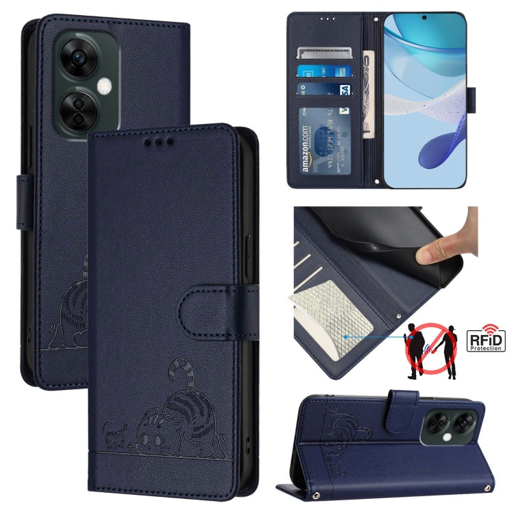 For OnePlus Nord N30 Cat Rat Embossed Pattern RFID Leather Phone Case with Lanyard(Blue) - OnePlus Cases by buy2fix | Online Shopping UK | buy2fix