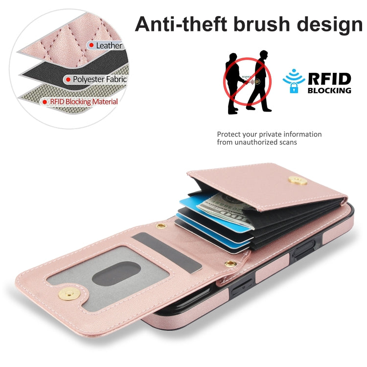 For iPhone 16 Plus YM015 Crossbody Rhombic Card Bag RFID Phone Case(Rose Gold) - iPhone 16 Plus Cases by buy2fix | Online Shopping UK | buy2fix