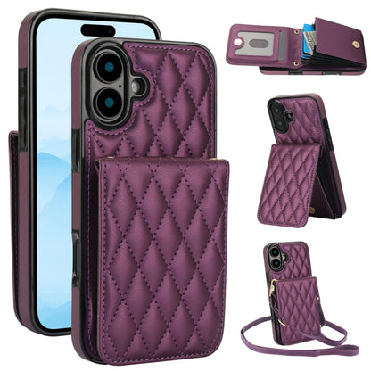 For iPhone 16 Plus YM015 Crossbody Rhombic Card Bag RFID Phone Case(Dark Purple) - iPhone 16 Plus Cases by buy2fix | Online Shopping UK | buy2fix