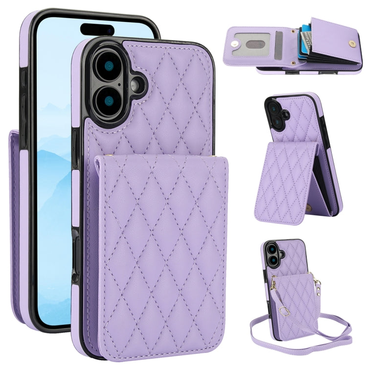 For iPhone 16 YM015 Crossbody Rhombic Card Bag RFID Phone Case(Light Purple) - iPhone 16 Cases by buy2fix | Online Shopping UK | buy2fix