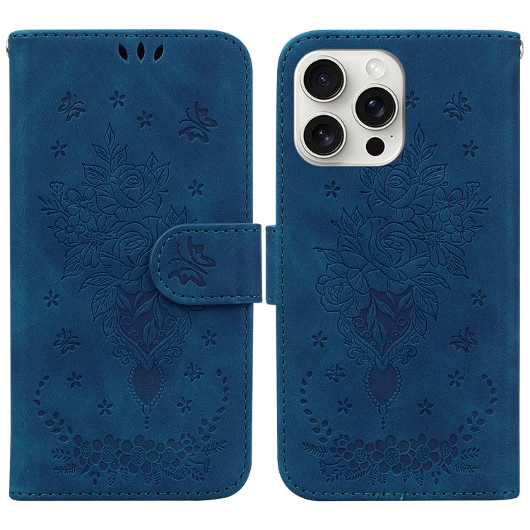 For iPhone 16 Pro Butterfly Rose Embossed Leather Phone Case(Blue) - iPhone 16 Pro Cases by buy2fix | Online Shopping UK | buy2fix