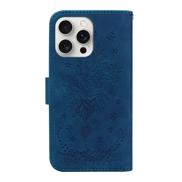 For iPhone 16 Pro Butterfly Rose Embossed Leather Phone Case(Blue) - iPhone 16 Pro Cases by buy2fix | Online Shopping UK | buy2fix