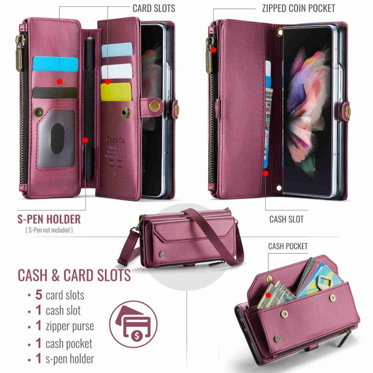 For Samsung Galaxy Z Fold3 CaseMe C36 Card Slots Zipper Wallet RFID Anti-theft Leather Phone Case(Wine Red) - Galaxy Phone Cases by CaseMe | Online Shopping UK | buy2fix