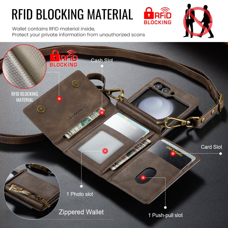 For Samsung Galaxy Z Flip5 5G DG.MING M5 Series Zip RFID Multi Card Detachable Leather Phone Case with Long Lanyard(Coffee) - Galaxy Z Flip5 Cases by DG.MING | Online Shopping UK | buy2fix