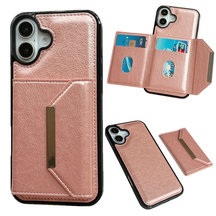 For iPhone 16 Solid Color Metal Buckle Card Slots Bag Phone Case(Rose Gold) - iPhone 16 Cases by buy2fix | Online Shopping UK | buy2fix