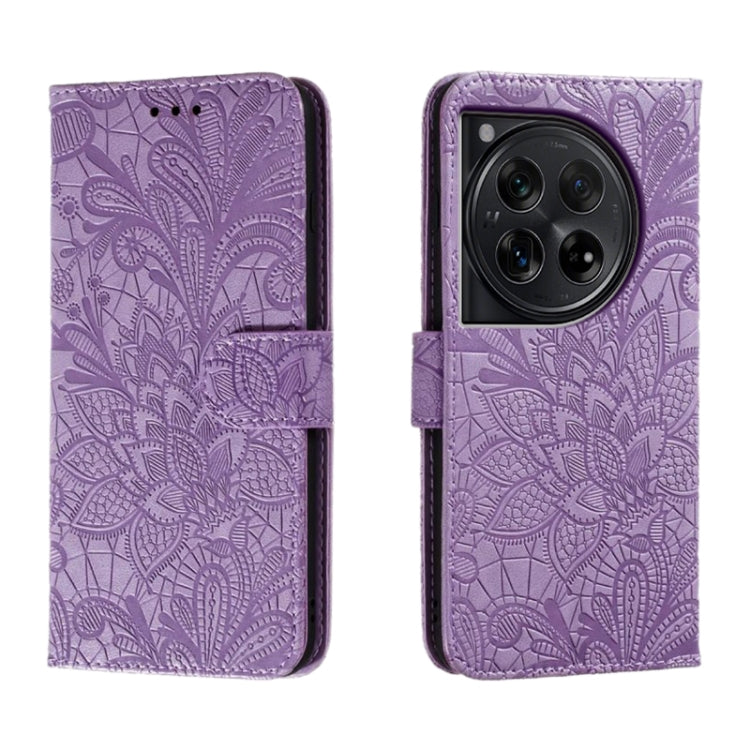 For OnePlus 12 Lace Flower Embossing Flip Leather Phone Case(Purple) - OnePlus Cases by buy2fix | Online Shopping UK | buy2fix