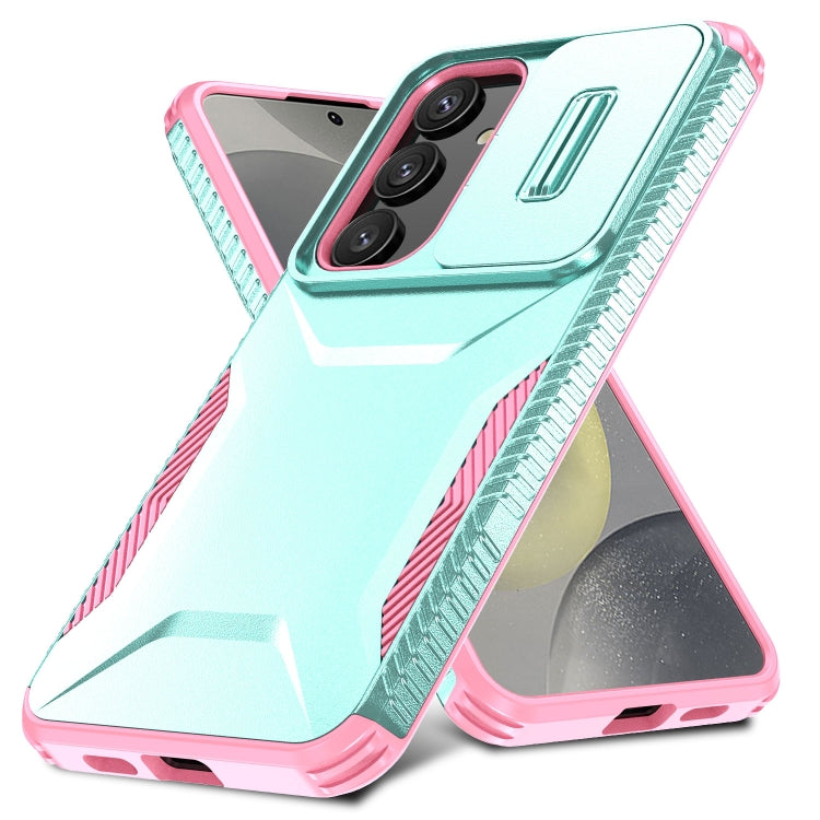 For Samsung Galaxy S25+ 5G / S24+ 5G Sliding Camshield Phone Case(Grey Green + Pink) - Galaxy S24+ 5G Cases by buy2fix | Online Shopping UK | buy2fix