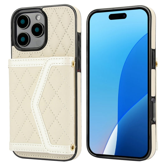 For iPhone 16 Pro Splicing Rhombic Texture Card Bag Phone Case with Long Lanyard(Beige) - iPhone 16 Pro Cases by buy2fix | Online Shopping UK | buy2fix