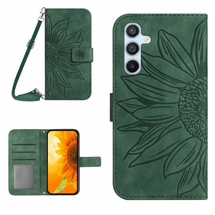 For Samsung Galaxy S25 5G Skin Feel Sun Flower Embossed Flip Leather Phone Case with Lanyard(Green) - Galaxy S25 5G Cases by buy2fix | Online Shopping UK | buy2fix