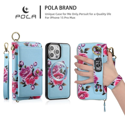 For iPhone 15 POLA MagSafe Flower Multi-functional Zipper Wallet Leather Phone Case(Sky Blue) - iPhone 15 Cases by buy2fix | Online Shopping UK | buy2fix