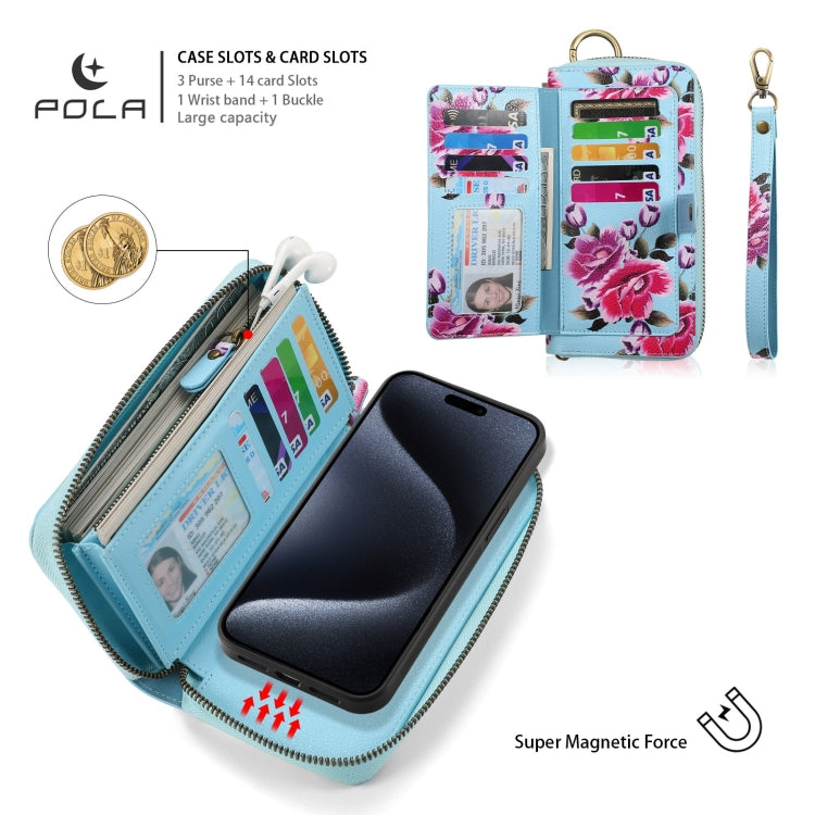 For iPhone 15 POLA MagSafe Flower Multi-functional Zipper Wallet Leather Phone Case(Sky Blue) - iPhone 15 Cases by buy2fix | Online Shopping UK | buy2fix