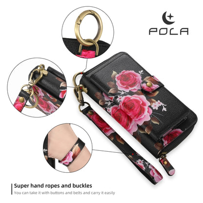 For iPhone 12 / 12 Pro POLA MagSafe Flower Multi-functional Zipper Wallet Leather Phone Case(Black) - iPhone 12 / 12 Pro Cases by buy2fix | Online Shopping UK | buy2fix