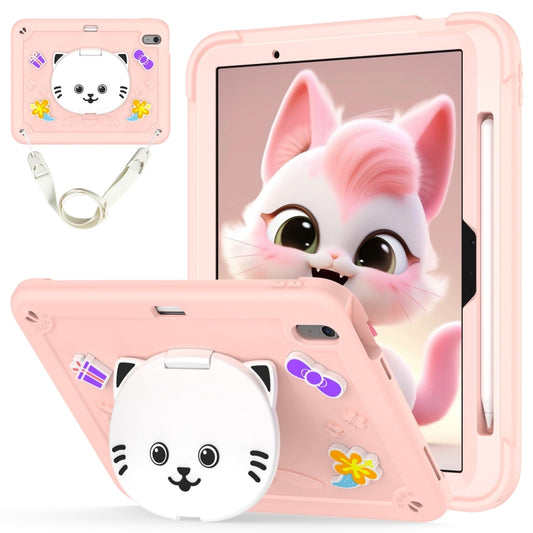 For iPad Air 11 2024 Cat Holder Silicone Hybrid PC Tablet Case with Strap(Rose Pink) - iPad Air 11 2024 Cases by buy2fix | Online Shopping UK | buy2fix