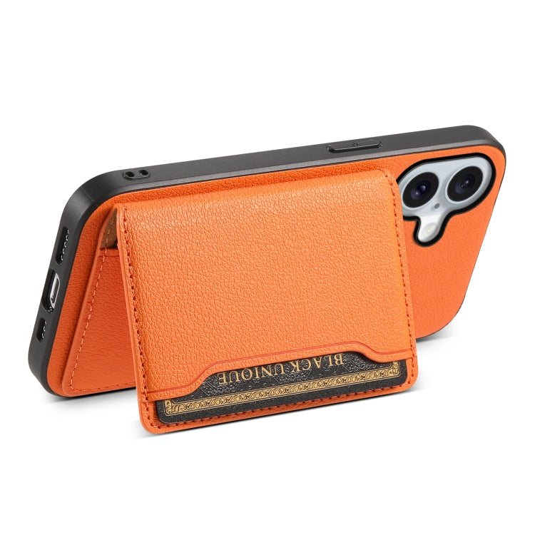 For iPhone 16 Plus Calf Texture Card Bag Design Full Coverage Phone Case(Orange) - iPhone 16 Plus Cases by buy2fix | Online Shopping UK | buy2fix