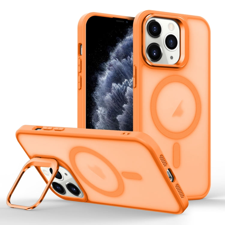 For iPhone 11 Pro Max Magsafe Skin Feel Lens Holder Phone Case(Orange) - iPhone 11 Pro Max Cases by buy2fix | Online Shopping UK | buy2fix