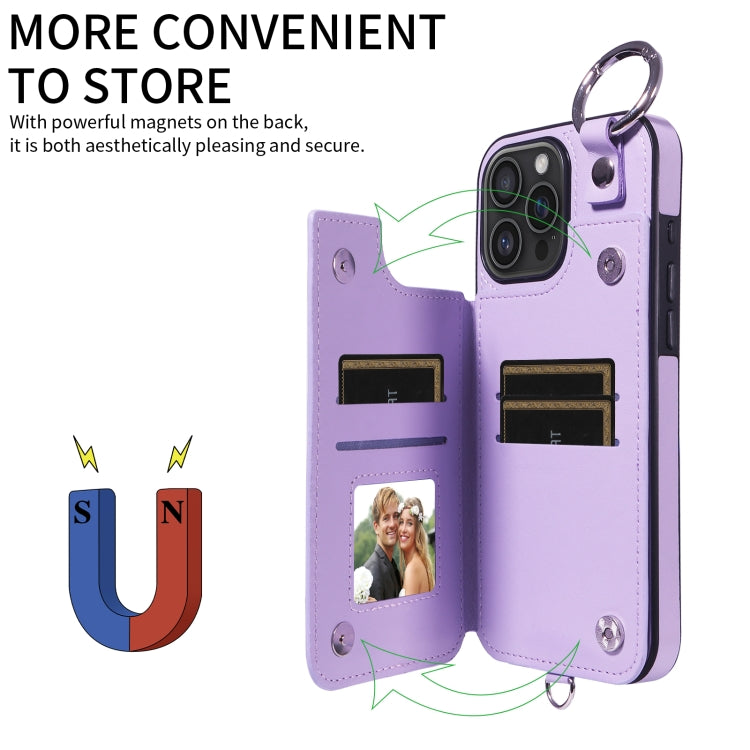 For iPhone 16 Pro Max Rhombic Texture Card Bag Phone Case with Short Lanyard(Purple) - iPhone 16 Pro Max Cases by buy2fix | Online Shopping UK | buy2fix