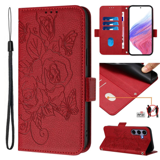 For Samsung Galaxy S25 5G Embossed Rose RFID Anti-theft Leather Phone Case(Red) - Galaxy S25 5G Cases by buy2fix | Online Shopping UK | buy2fix