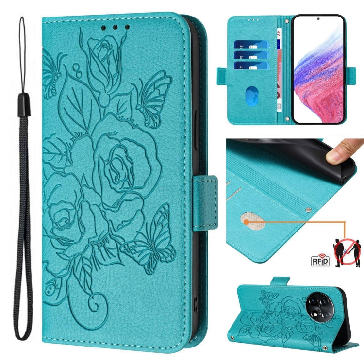 For OnePlus 11 Embossed Rose RFID Anti-theft Leather Phone Case(Light Blue) - OnePlus Cases by buy2fix | Online Shopping UK | buy2fix