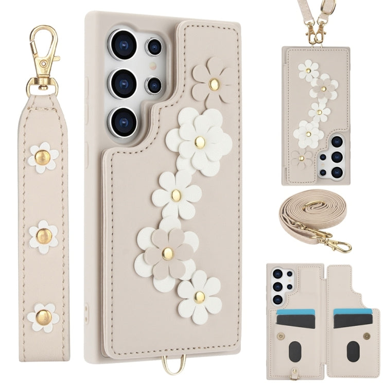 For Samsung Galaxy S25 Ultra 5G Crossbody Flower Pattern Leather Phone Case(White) - Galaxy S25 Ultra 5G Cases by buy2fix | Online Shopping UK | buy2fix