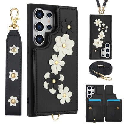 For Samsung Galaxy S25 Ultra 5G Crossbody Flower Pattern Leather Phone Case(Black) - Galaxy S25 Ultra 5G Cases by buy2fix | Online Shopping UK | buy2fix