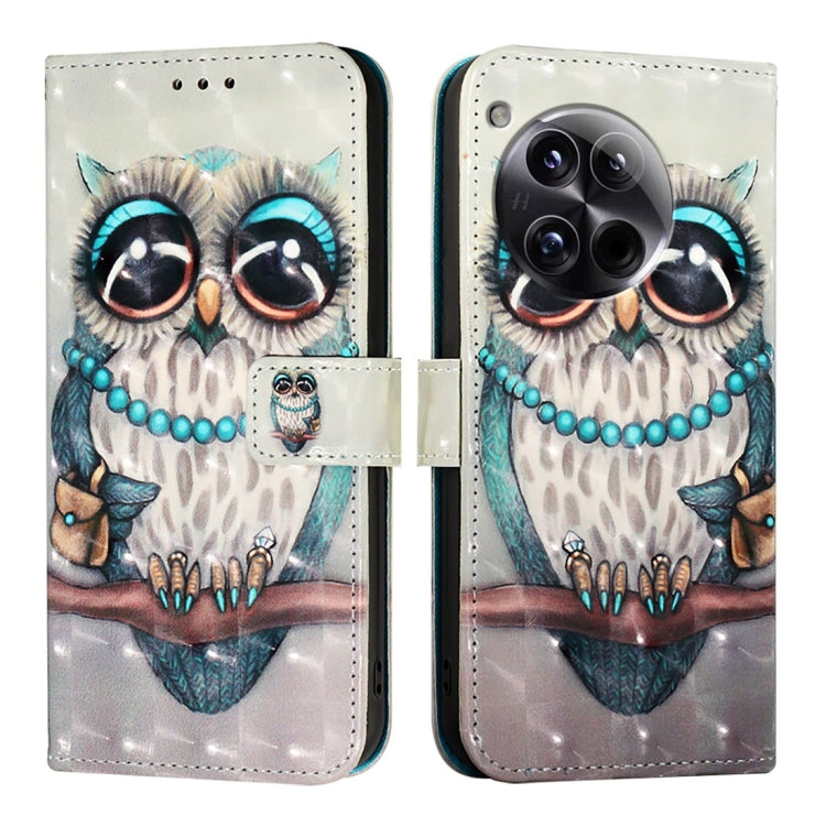 For OnePlus 12 Global 3D Painting Horizontal Flip Leather Phone Case(Grey Owl) - OnePlus Cases by buy2fix | Online Shopping UK | buy2fix