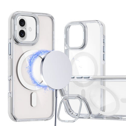 For iPhone 16 Dual-Color Clear Acrylic Hybrid TPU Lens Flip Holder MagSafe Phone Case(White) - iPhone 16 Cases by buy2fix | Online Shopping UK | buy2fix