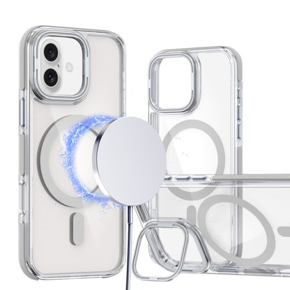 For iPhone 16 Plus Dual-Color Clear Acrylic Hybrid TPU Lens Flip Holder MagSafe Phone Case(Grey) - iPhone 16 Plus Cases by buy2fix | Online Shopping UK | buy2fix