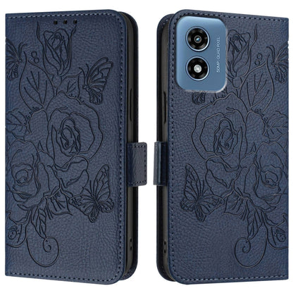 For Motorola Moto G Play 5G / G 5G 2024 Embossed Rose RFID Anti-theft Leather Phone Case(Dark Blue) - Motorola Cases by buy2fix | Online Shopping UK | buy2fix